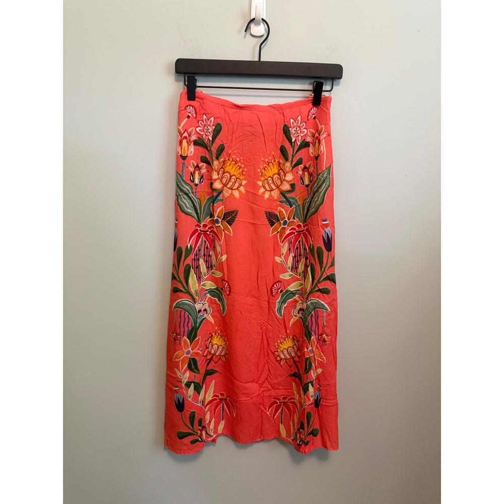 Farm Rio for Anthropologie Coral Orange Floral Embroidered Midi Skirt XS